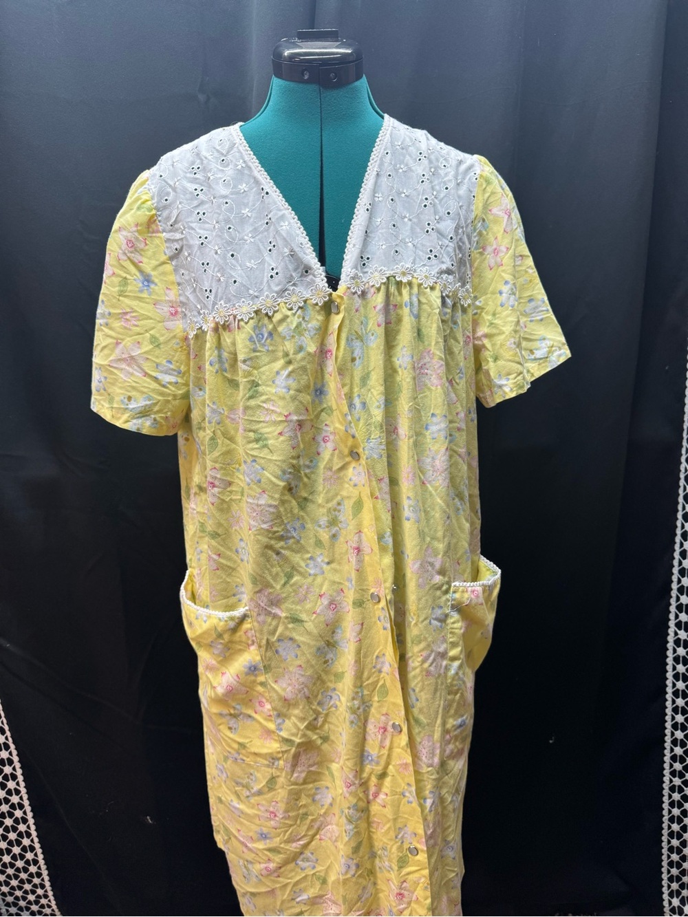 Classic Yellow Floral Housecoat with Eyelet Yoke